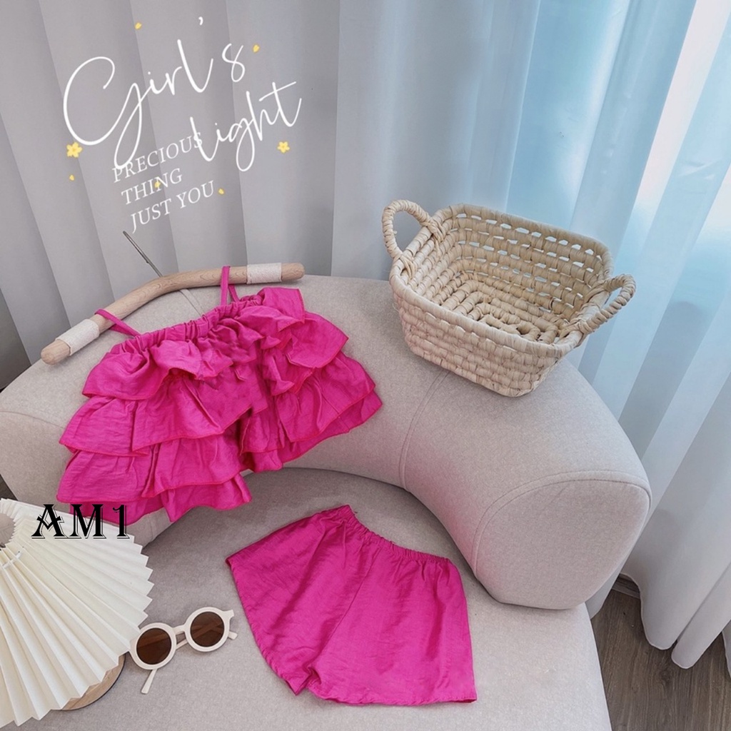 Bộ 2 dây xếp ly tầng mùa hè bé gái, bộ áo 2 dây thân 3 tầng bèo chất đũi tơ hàn cho bé TB55
