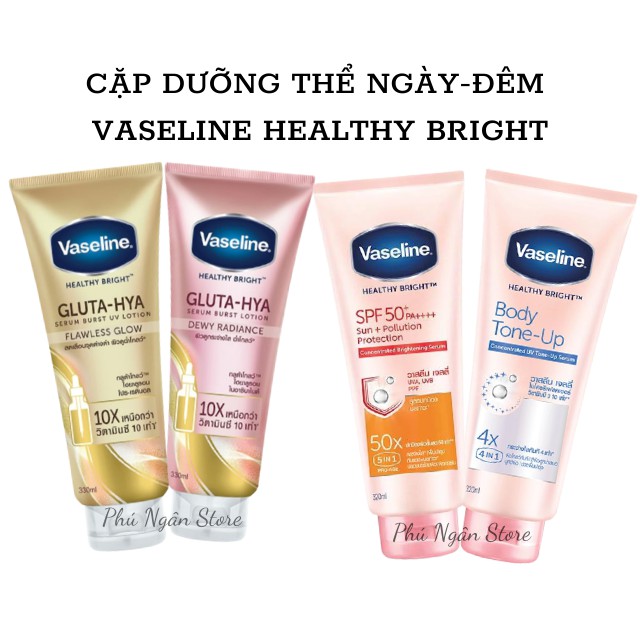 Cặp dưỡng thể Vaseline Healthy White dưỡng da ngày đêm 50x/4x/Gluta HYA Thái Lan