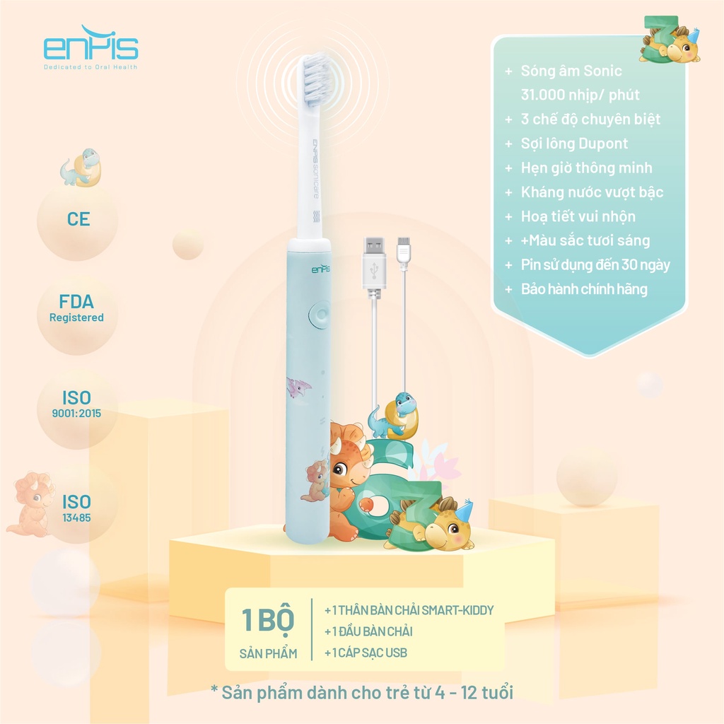 Bàn chải điện ENPIS cho bé SMART KIDDY chính hãng, Công nghệ sóng âm sonic, chống nước IPX7, bảo hành 6 tháng