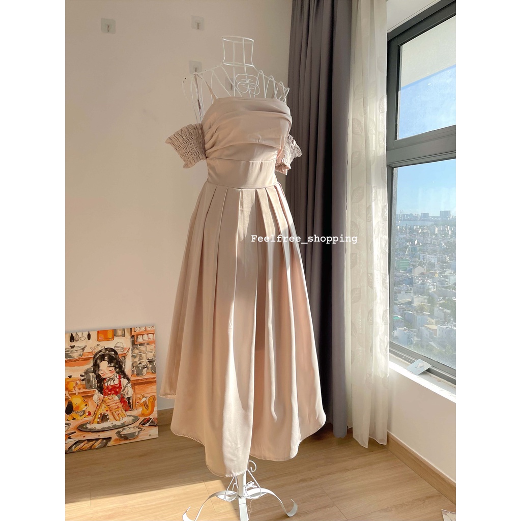 Đầm Be Nâu Feelfree Lưng Thun 2 Dây Trễ Vai 2 Lớp Mặc Đi Tiệc, Đi Chơi, Kỷ Yếu (Hình Thật) S034
