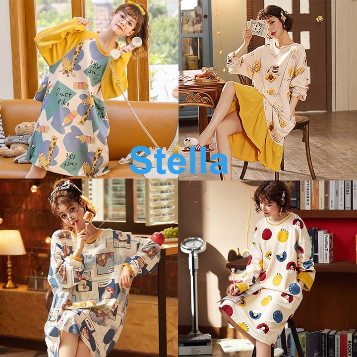 Váy Ngủ Nữ Mặc Nhà Vải Co Giãn Vải Cotton 4 Chiều Pijama Bộ Đồ Quần Áo Dài Tay Dày Ở Nhà Mùa Xuân Thu Đông Hè Kute VN17