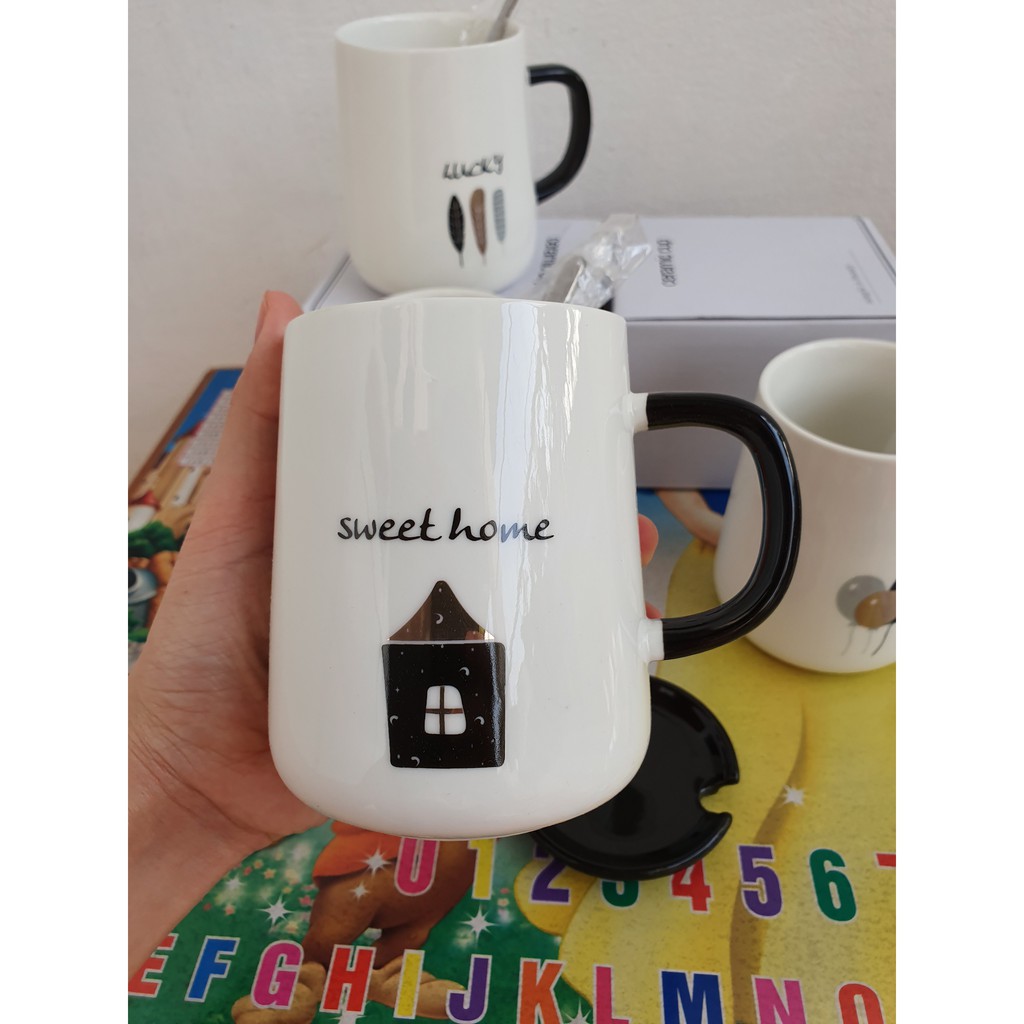 Ly cốc sứ cao cấp có nắp và thìa thông điệp Tiếng Anh dung tích 420ml | BigBuy360 - bigbuy360.vn