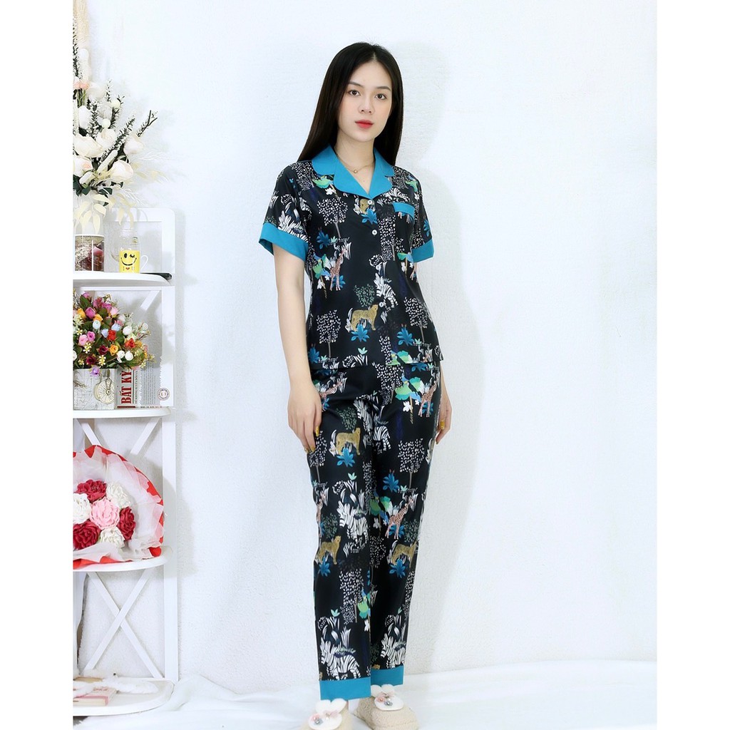 Bộ đồ bộ Pijama NỀN ĐEN NGỰA VẰN tay ngắn quần dài siêu lụa - Thoải Mái Nhẹ Nhàng