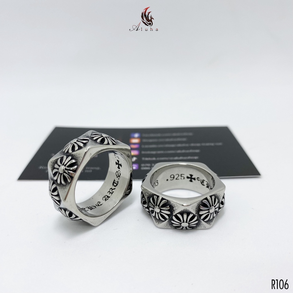Nhẫn Titan Chrome Heart PENTAGON BS PLUS hoa Iris phay góc, khắc trong - R106 - Aluha