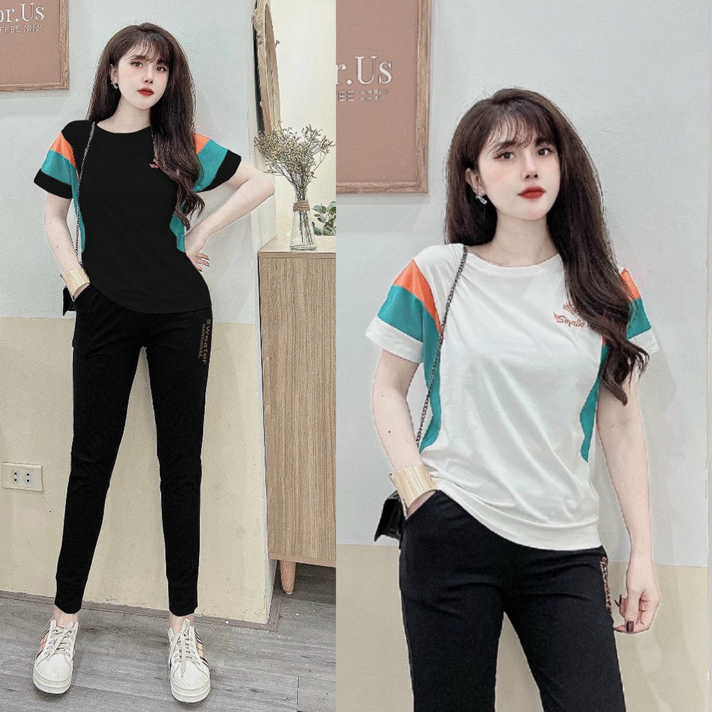 Đồ bộ thun thể thao phối màu logo thêu màu cam