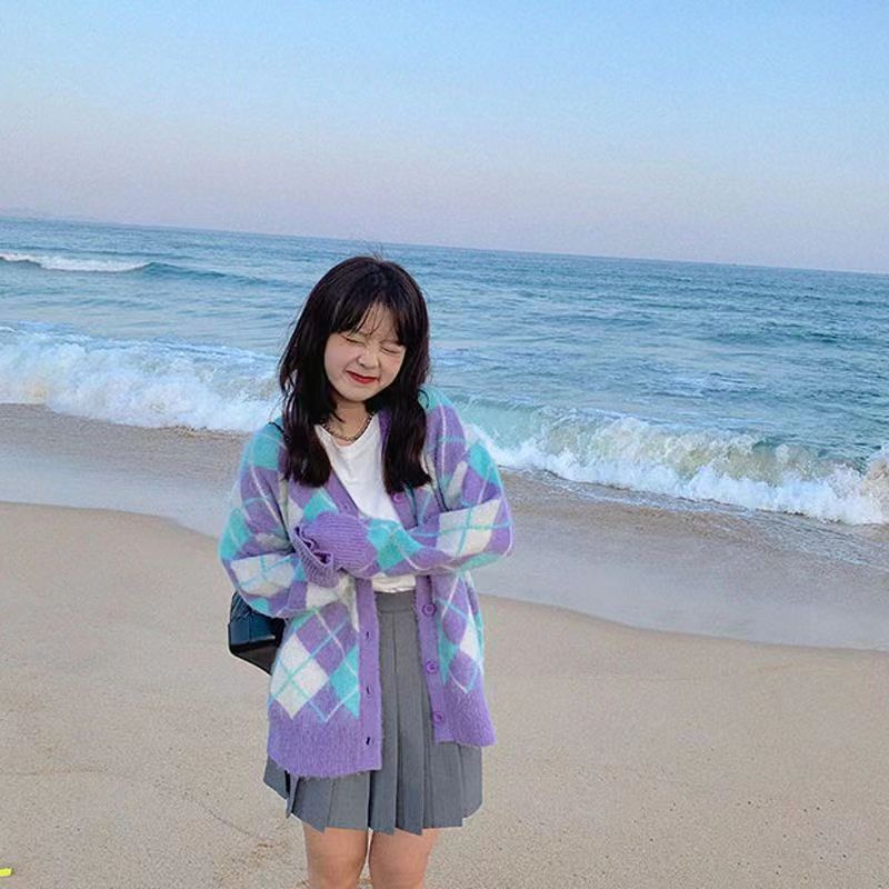 Áo Khoác Cardigan Dệt Kim Tay Dài Dáng Rộng Cổ Chữ V In Họa Tiết Caro Đính Kim Cương Kiểu Hàn Quốc Thời Trang Thu Đông Cho Nữ