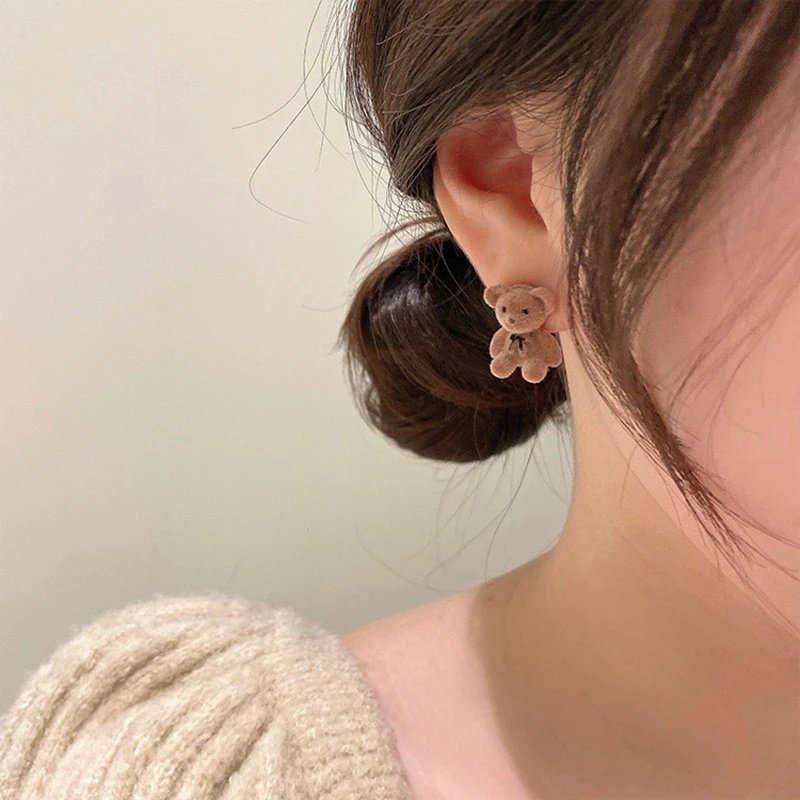 1 đôi bông tai hình gấu Teddy đính nơ phong cách Hàn Quốc dễ thương