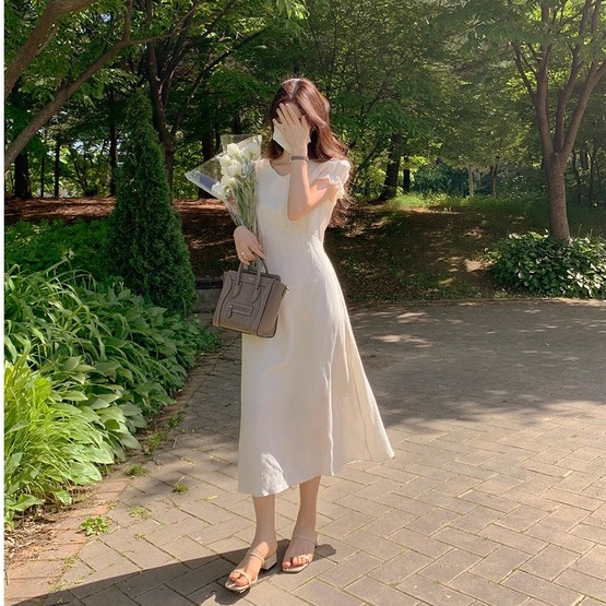 Đầm midi SUXI tay ngắn cổ chữ V màu trơn phong cách Hàn Quốc thời trang cho nữ
