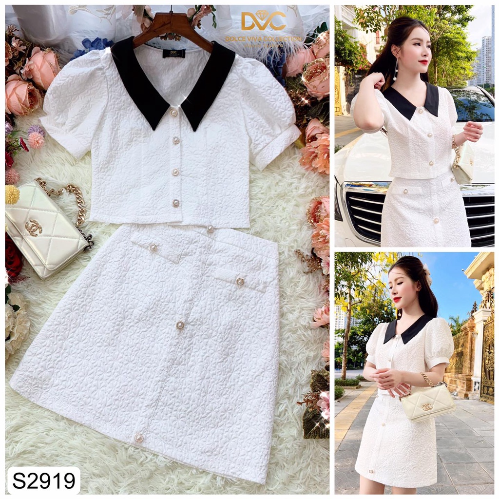 (kèm video)SET TRẮNG CỔ V ĐEN PHỐI CÚC  S2919  -DOLCE VIVA COLLECTION