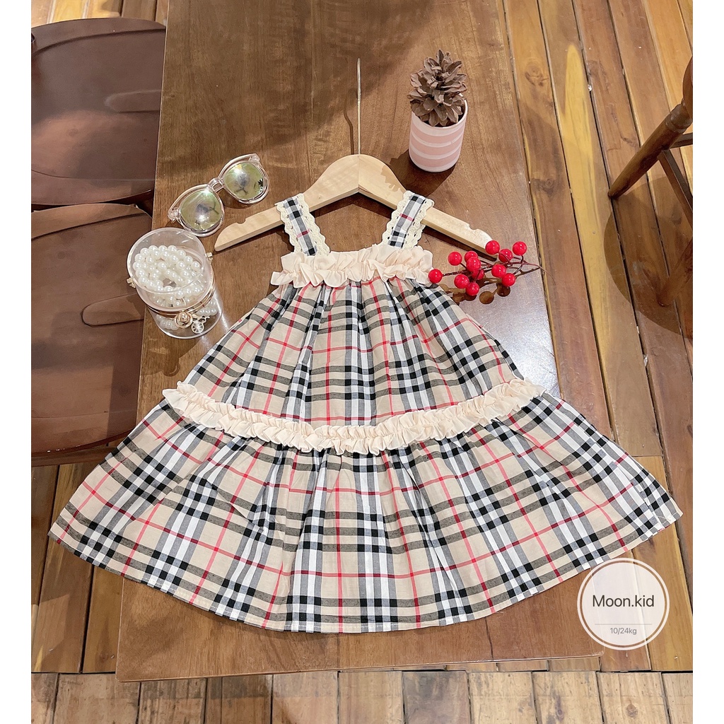 Váy thô kẻ 2 dây đính nơ cho bé gái 8-20kg
