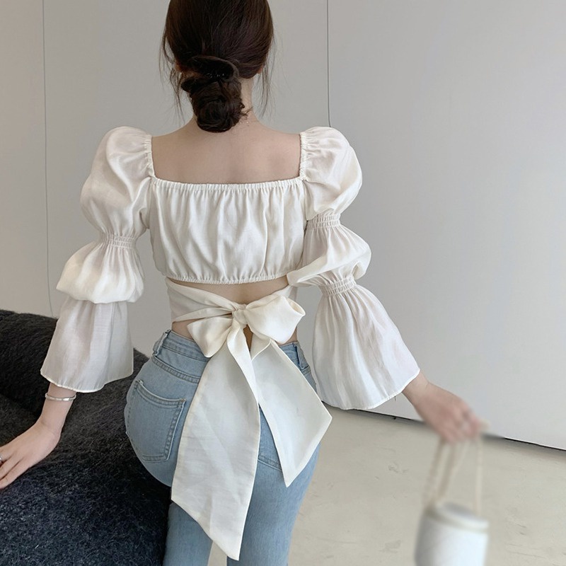 Áo chiffon Tay Dài Cổ Vuông Hở Rốn Phong Cách Hàn Quốc Ngọt Ngào Thời Trang Cho Nữ