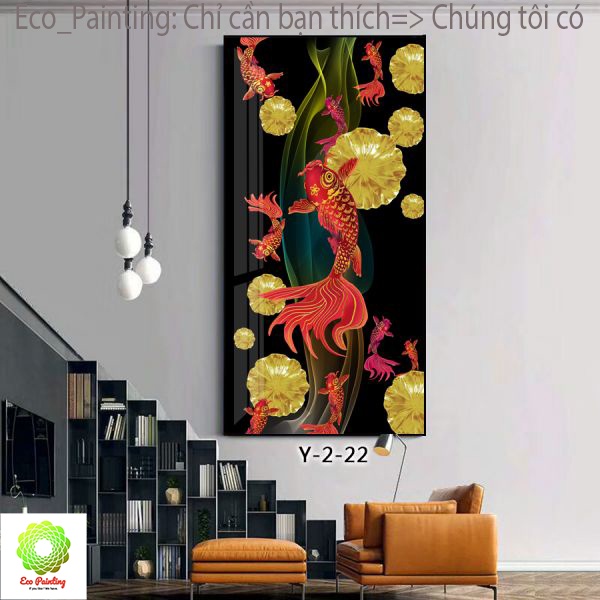 "Tranh cá chép hóa rồng" đẹp, sang trọng tranh cá treo tường đứng kích thước 35x70cm; 40x80cm;50x100cm;60x120cm có khung
