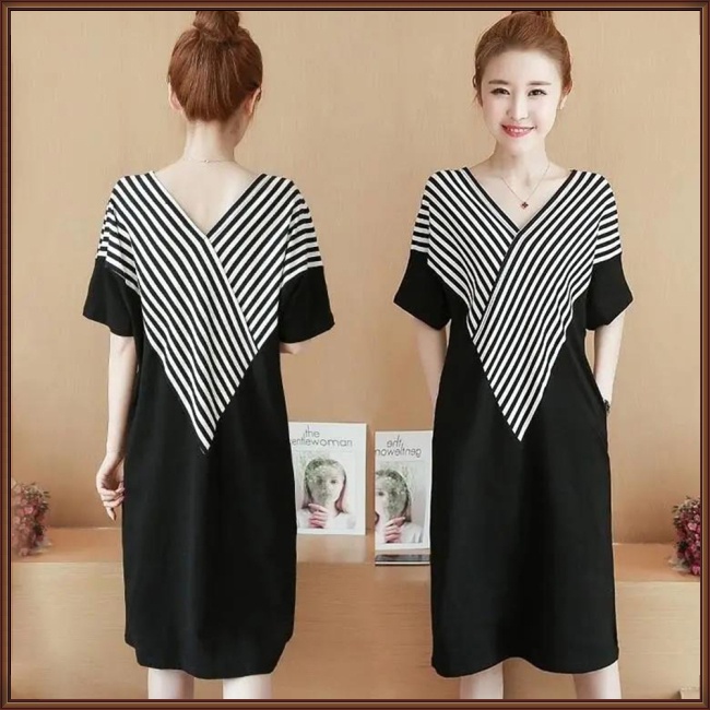 Đầm Midi Tay Ngắn Cổ Chữ V Họa Tiết Kẻ Sọc Thời Trang Cho Nữ