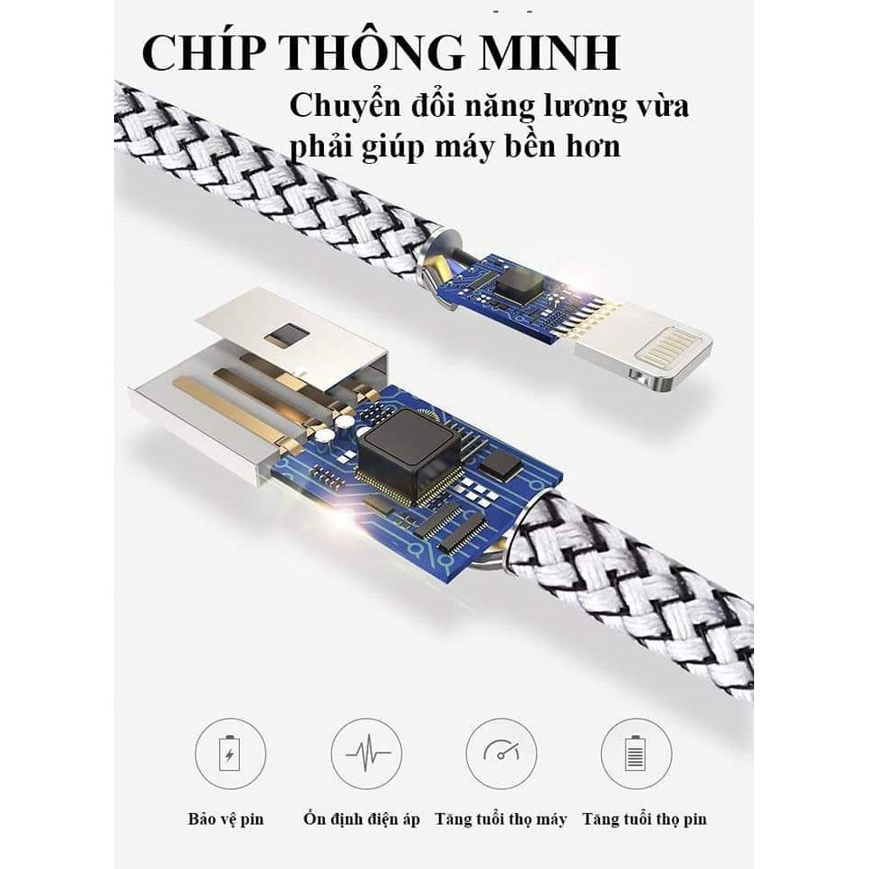 Cáp sạc nhanh 3A dài 1m2 có đèn led siêu chắc chắn cho Android và IOS