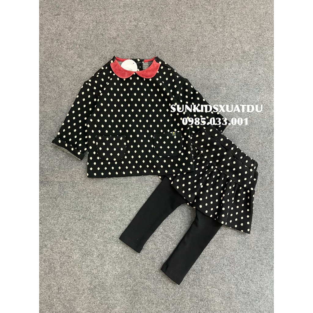 Set Moi.moln chấm bi cổ đỏ kèm quần váy cho bé