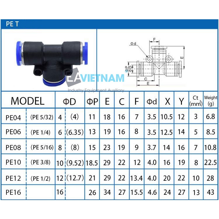 Đầu nối nhanh PE  chia 3 PE 4mm 6mm 8mm 10mm 12mm 14mm 16mm