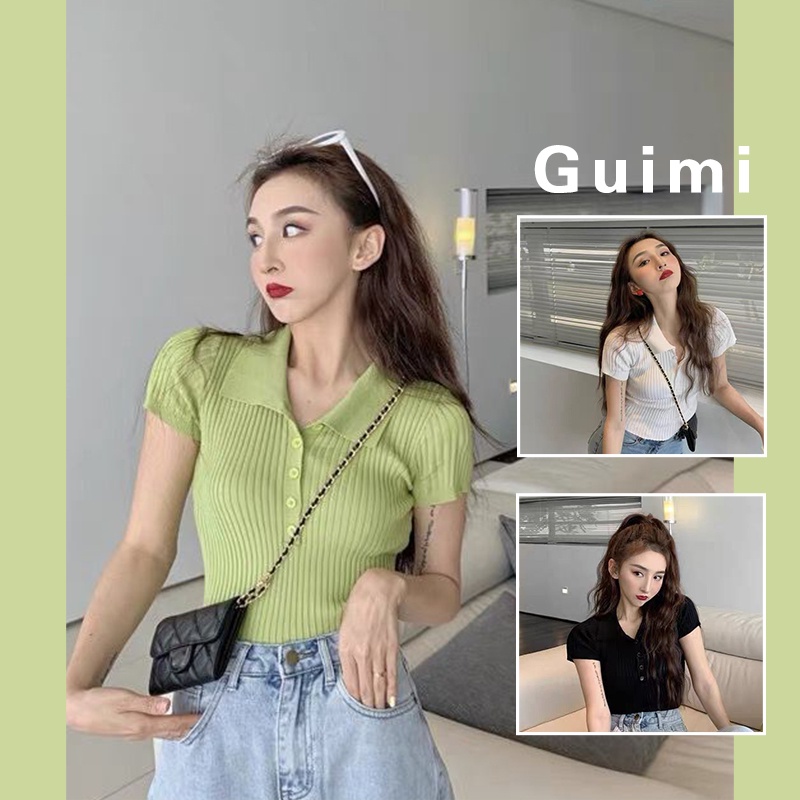 【Guimi】Áo thun dệt kim tay ngắn thời trang nữ Hàn Quốc