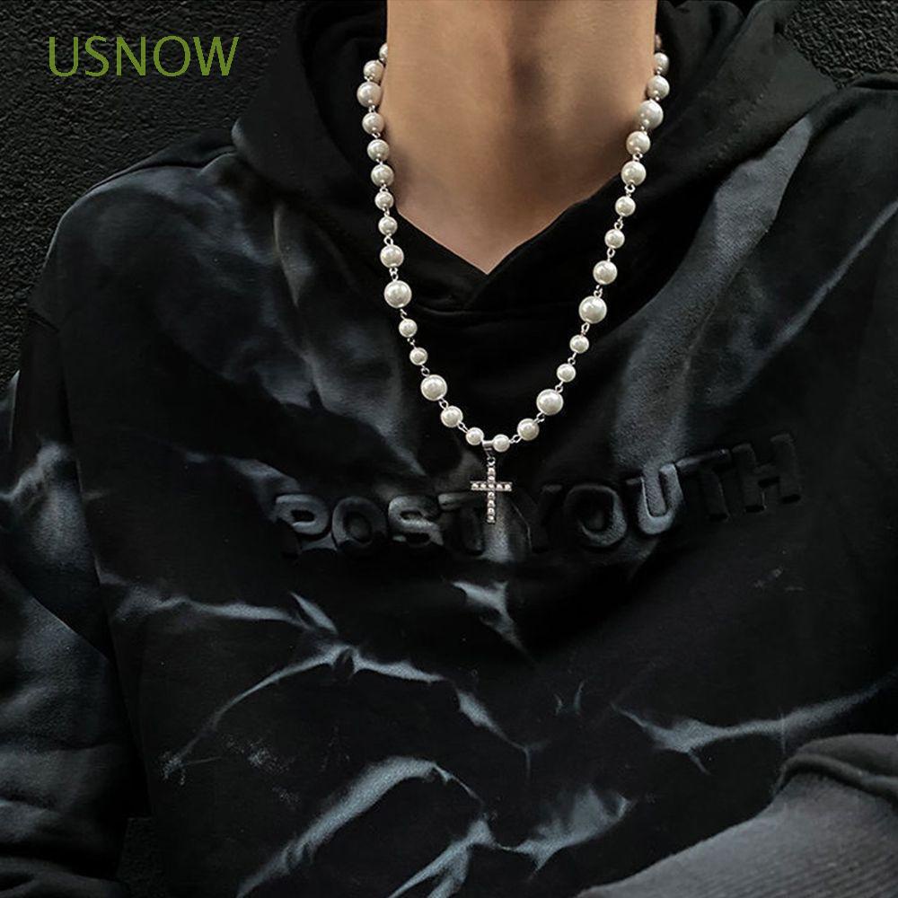 Vòng cổ hợp kim mặt hình thánh giá đính ngọc trai phong cách Hàn Quốc sang trọng cho nam và nữ