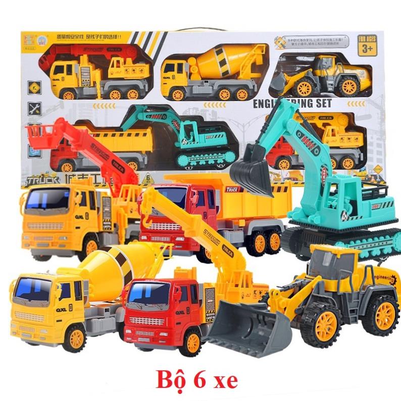 Ô tô đồ chơi, bộ đồ chơi ô tô xây dựng gồm 6 món máy múc, xe tải, cần cẩu, máy trộn xi măng, xe ủi.