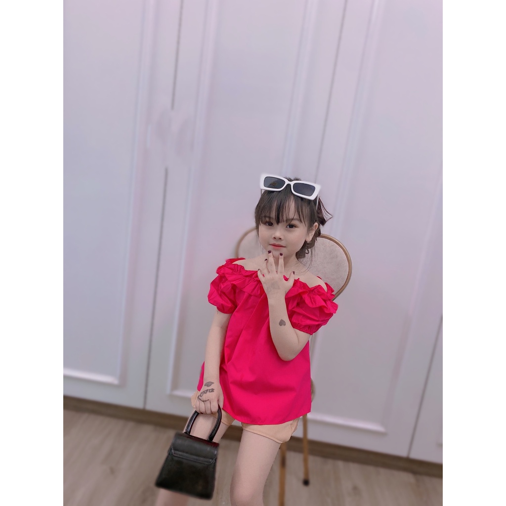 Bộ cộc tay bé gái, set áo cổ bèo vải thô mềm mát phối quần đùi nâu cho bé size 10-35kg