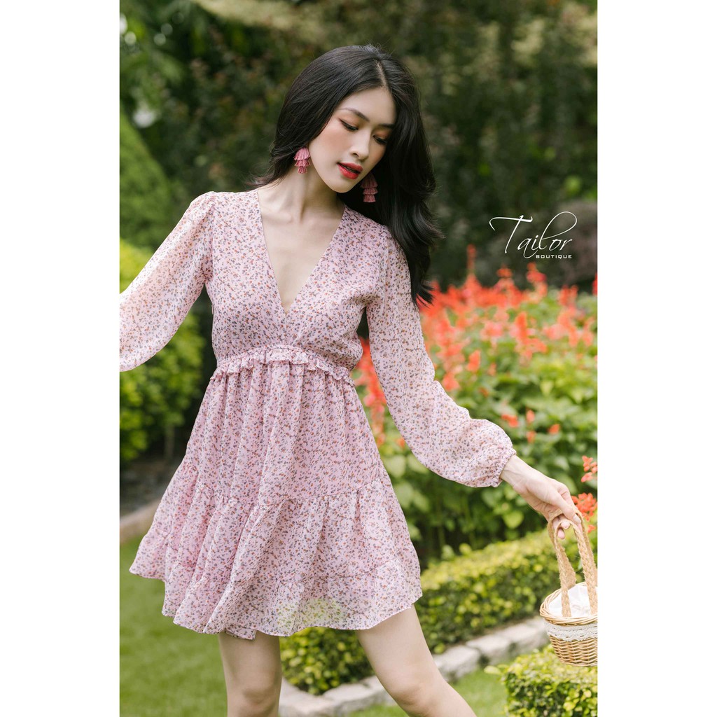 Đầm cổ tim TAILOR nhún thun eo chất voan hoa may hai lớp
