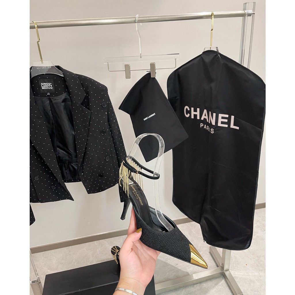 Giày Cao Gót 9Cm Vải Tuýt Phối Dây Xích