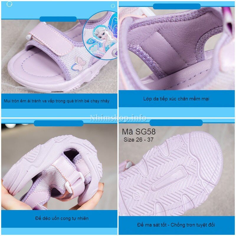 Sandal bé gái hình Elsa SG58 dép 2 quai mềm màu tím thời trang cho bé gái đi học đi biển năng động và cá tính