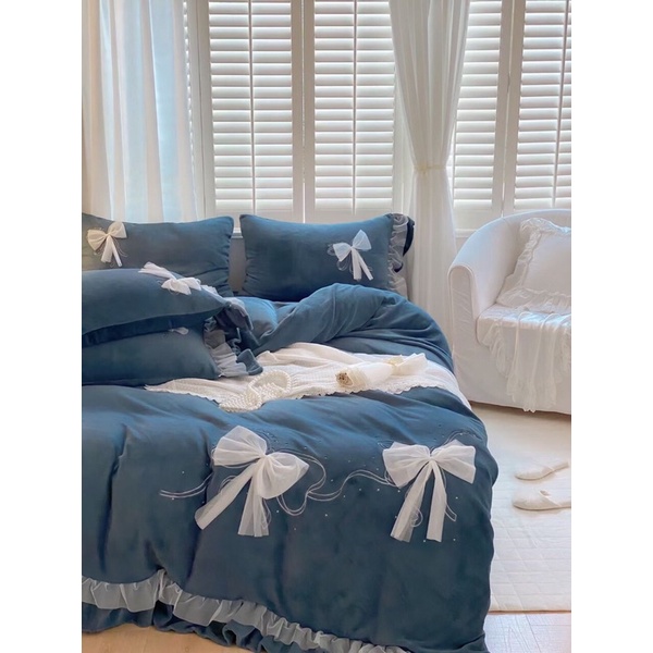 TRỌN BỘ CHĂN GA GỐI NỈ NHUNG ĐÍNH NƠ ĐIỆU ĐÀ CAO CẤP