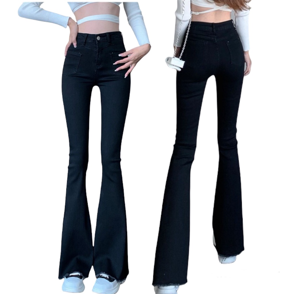 Quần jean ống Bass đen tuyền BigSize lưng cao, co dãn mạnh, ống siêu dài 106cm 4114