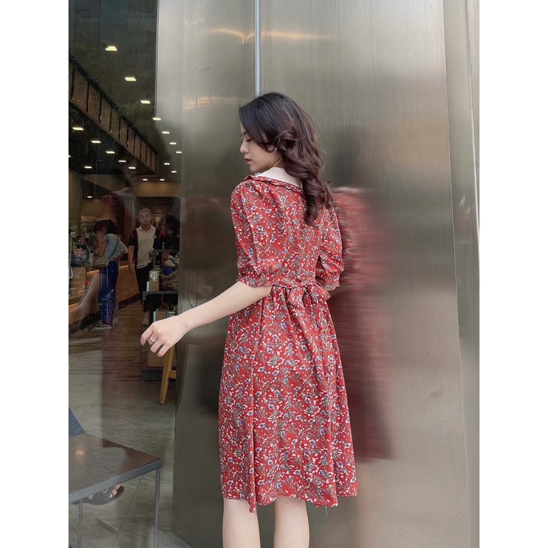 Váy đầm bigsize hoa nhí có lưng thắt eo màu đỏ thiết kế cổ bèo trắng sang chảnh thoáng mát từ 45kg đến 75kg | BigBuy360 - bigbuy360.vn