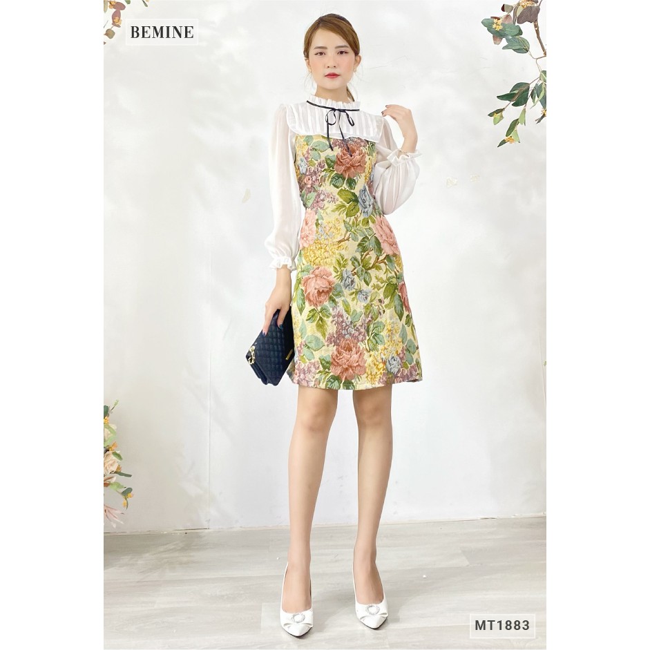 Đầm hoa phối bèo trắng tay dài BEMINE MT1883XANH | BigBuy360 - bigbuy360.vn
