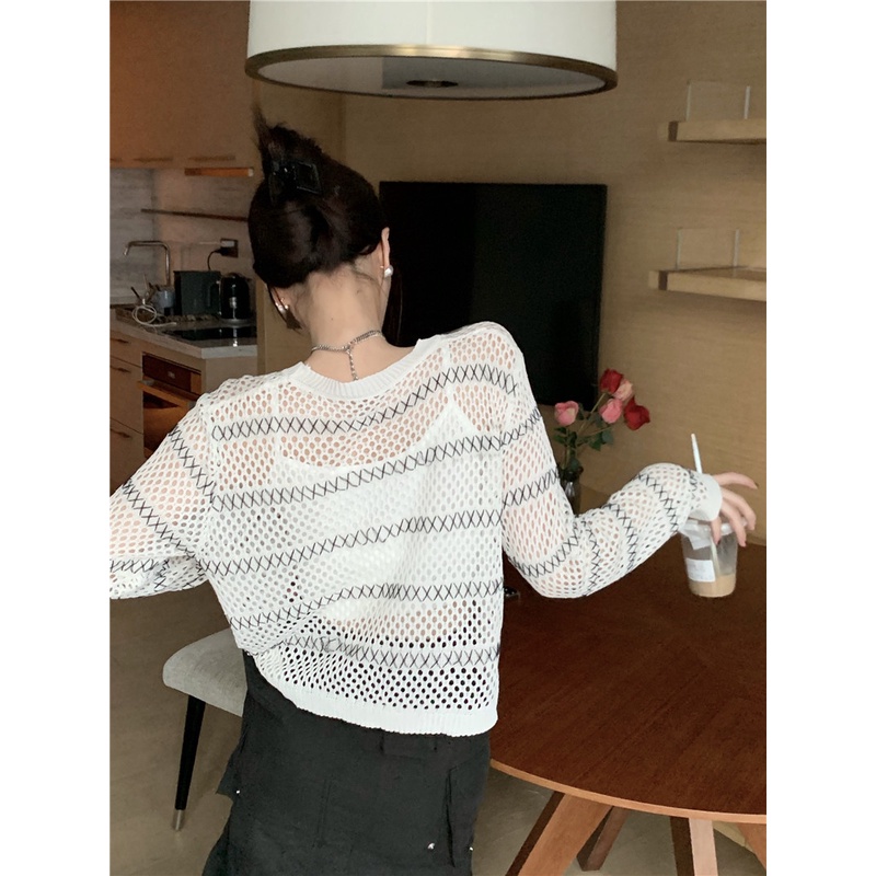 Cocory vn Áo Croptop Mỏng Tay Dài Cổ Tròn Dáng Rộng Trong Suốt Thời Trang Mùa Hè Quyến Rũ Cho Nữ