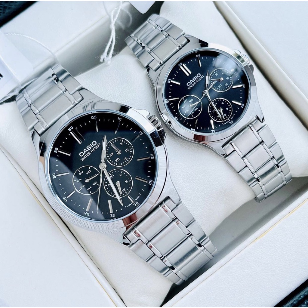 Đồng hồ Nam Casio MTP-V300D-1AUDF, đồng hồ chính hãng, dây bạc mặt đen, 6 kim