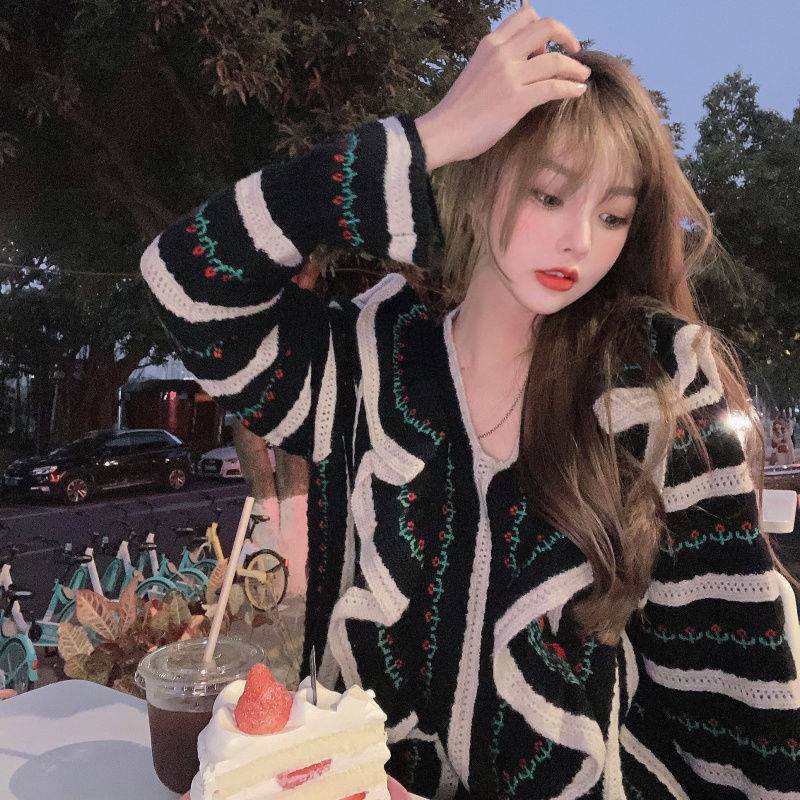Áo Sweater Tay Dài Dáng Rộng Màu Sắc Tương Phản Phong Cách Retro