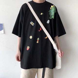 Áo Thun In Khủng Long Chất Cotton Cao Cấp Form Rộng, Tay Lỡ Đẹp Unisex Mặc Đôi Mặc Cặp Cho Nam Nữ - Tặng Huy Hiệu
