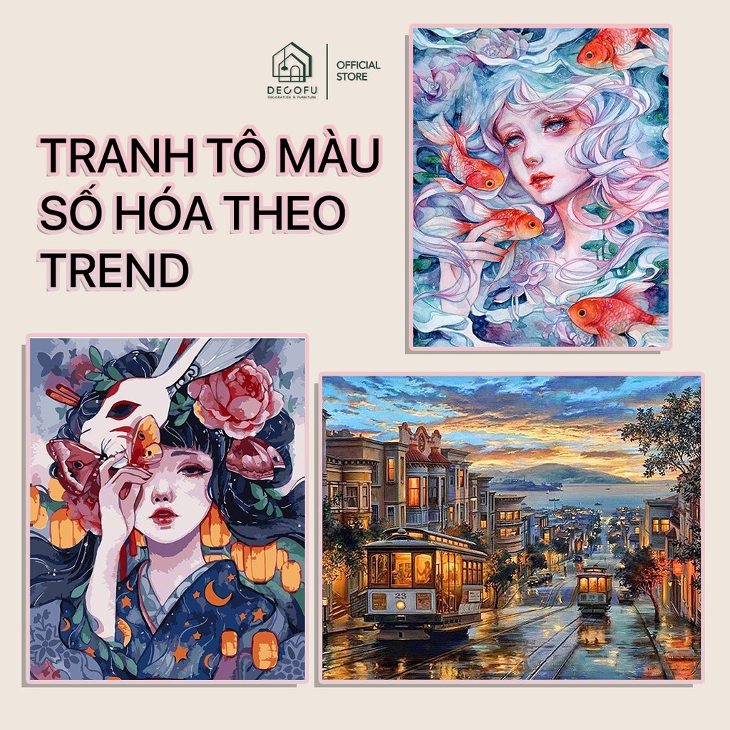 Tranh tô màu theo mẫu DECOFU cỡ 40x50cm đầy đủ màu và cọ vẽ