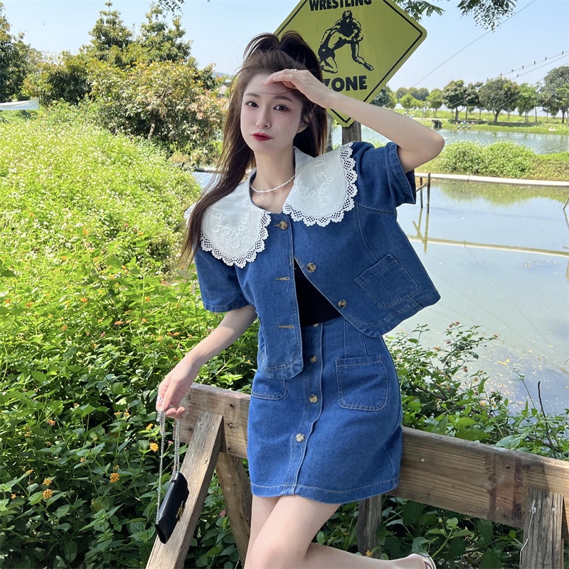 Set Áo Tay Ngắn Phối Ren + Chân Váy Denim Chữ A Lưng Cao Thời Trang Hàn Quốc Cho Nữ