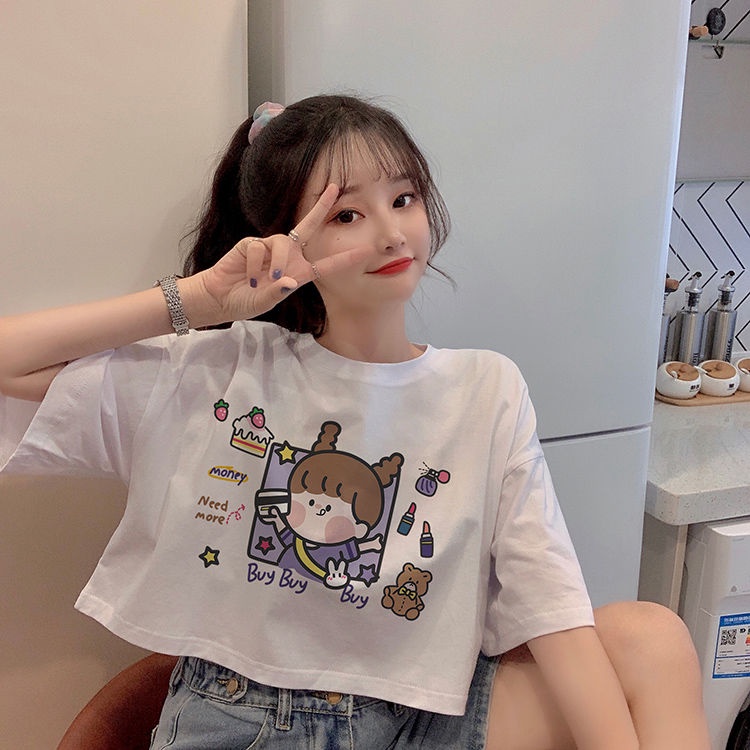 Áo thun croptop tay ngắn dáng rộng thiết kế mới thời trang dành cho nữ 11-13 tuổi