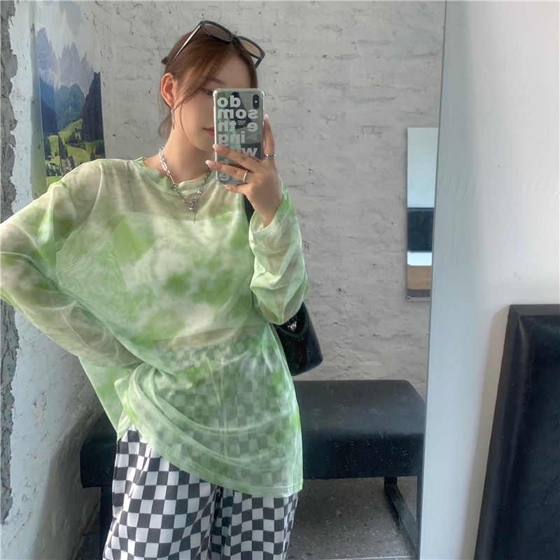 Áo Thun Tay Dài Dáng Rộng Vải Mỏng Phối Màu Nhuộm Thời Trang Mùa Hè👗Purashiersacefairy dress👚】Hhl21.11.26