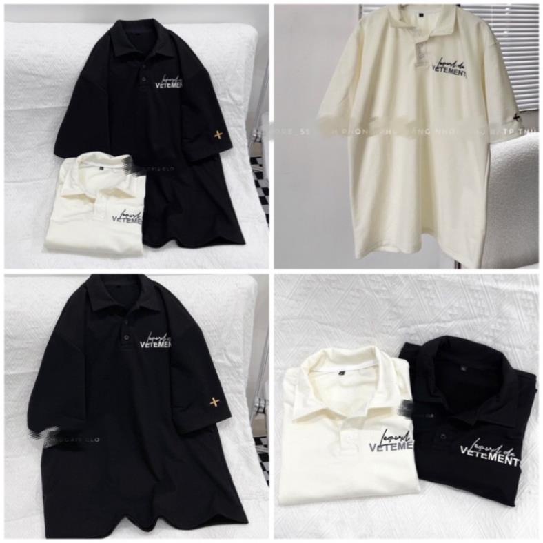 Áo Thun Polo Tay Lỡ Vetements 2 Màu Basic Đen Trắng Form Rộng Unisex Nam Nữ(Hàng Sẵn)