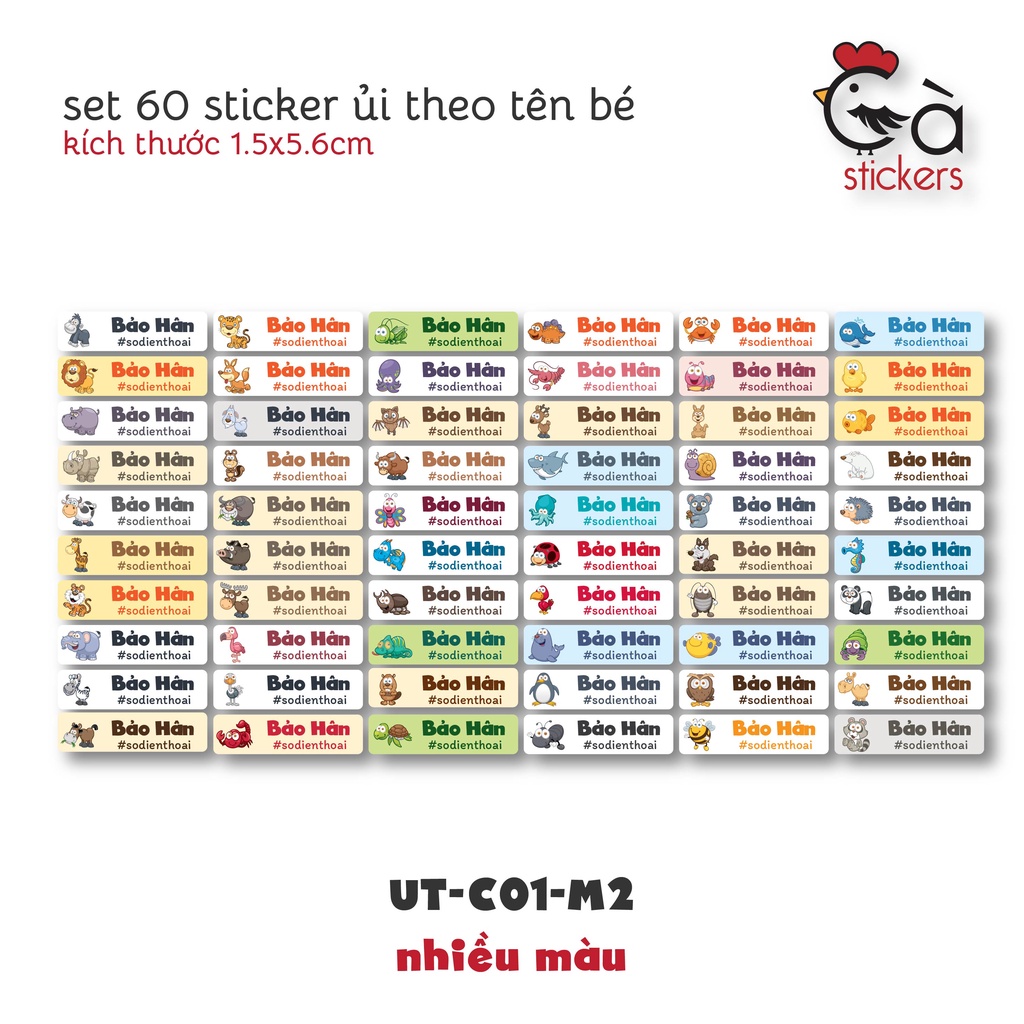 Sticker ủi áo in tên trẻ em GaStickers UT-C01 bộ 60 miếng kích thước 1,5 x 5,6 cm