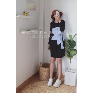 Đầm thun đen phối sơ mi