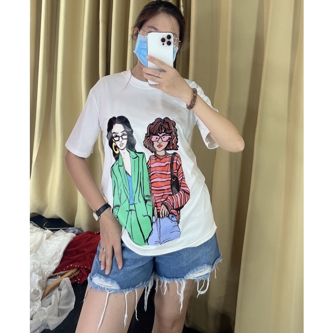 AT23_Áo Thun Nữ Phom Rộng Tay lỡ in 2 Cô Gái Hot Trend_Chất Cotton Nhập Cực Xịn Không Xù Lông