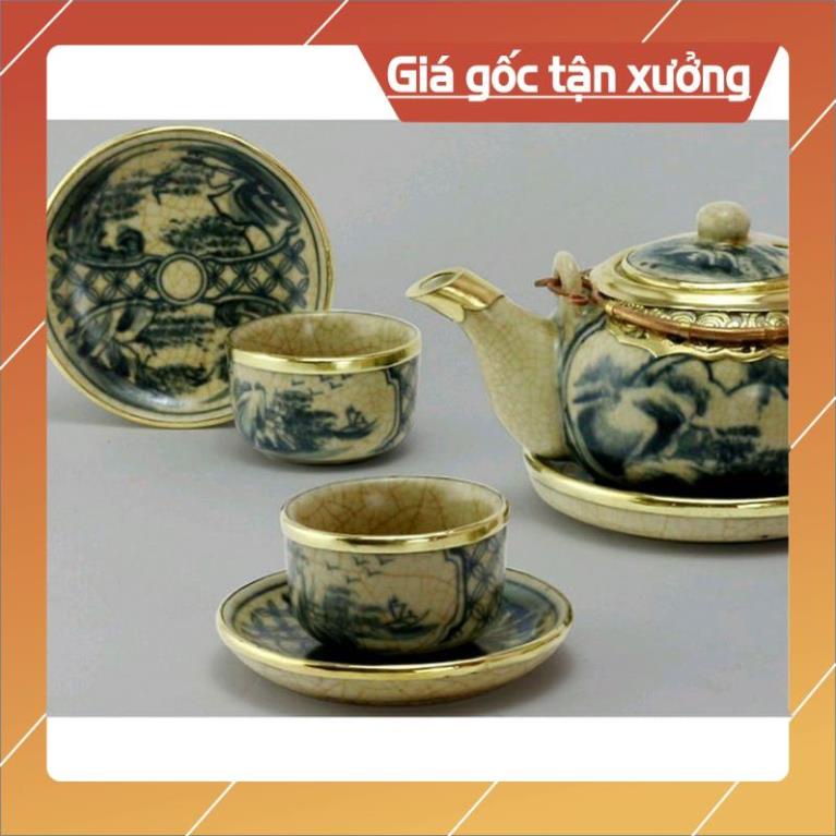 Bộ ấm chén Nhật men rạn bọc đồng gốm sứ Bát Tràng
