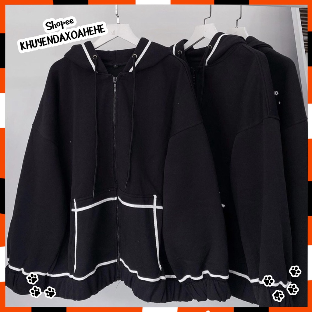 A006 Áo khoác nỉ nam nữ form rộng unisex ,Hoodie Zip đen chỉ nổi trắng có mũ thể thao có thể dùng làm áo chống nắng cute | BigBuy360 - bigbuy360.vn