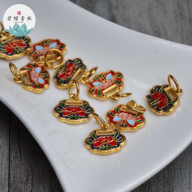 Bingyingge Mặt Dây Chuyền Bằng Đồng Nguyên Chất Mạ Vàng Kim Nguyên Chất Hình Ổ Khóa Ruyi Màu Xanh Lam Cháy Làm Trang