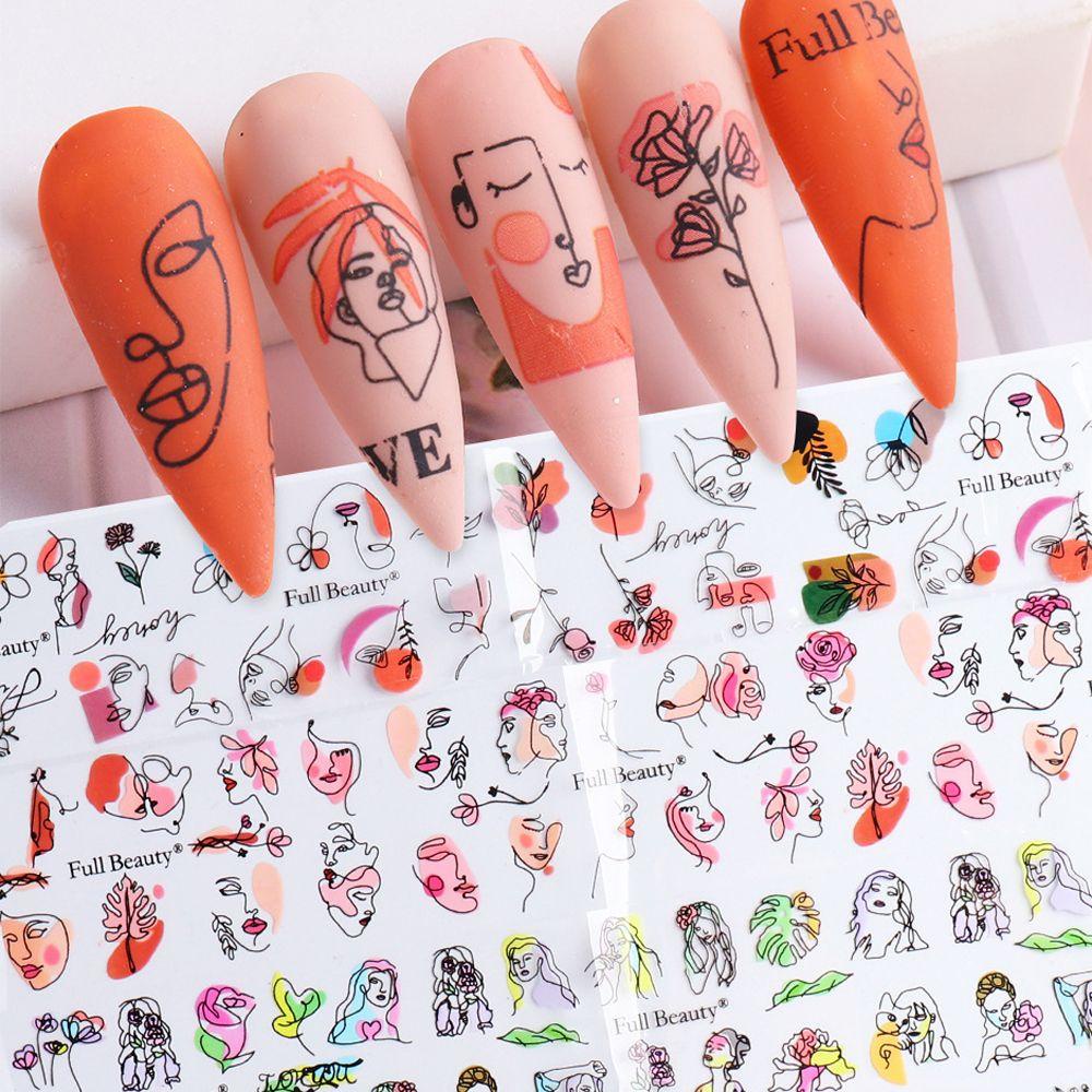 [Hàng mới về] Hộp 10 cuộn miếng dán hình đường kẻ khuôn mặt cô gái và lá dùng trang trí móng tay