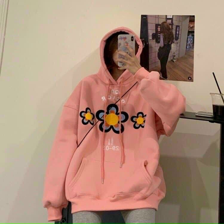 Áo hoodie nỉ ngoại dày dặn 3 bông cúc xinh xinh, Áo hoodie chui đầu có nón hàng chất lượng.