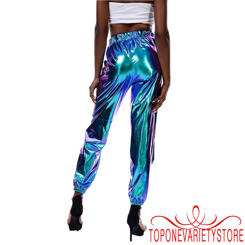 Quần jogger lưng cao thiết kế màu Holographic phong cách hiphop thời trang cho nữ
