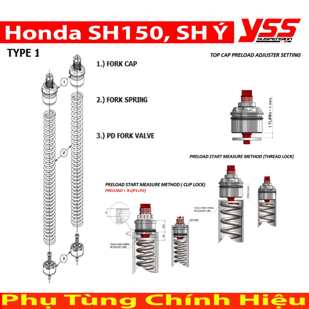 Bộ Nâng Cấp Phuộc Trước YSS Honda SH VN 125/150 / SH Ý 2006-2010/ Medley / PS Thái Lan